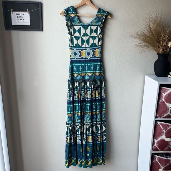 La DoubleJ Dress Pimento Blue Printed V-Neck Short Sleeve Maxi Dress Size XS - Picture 8 of 13
